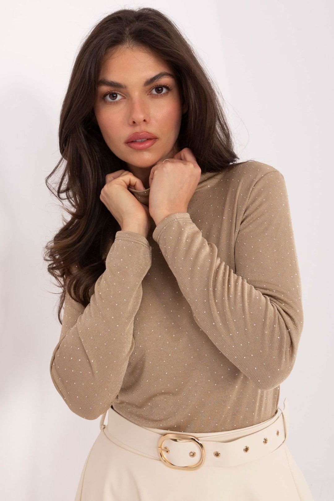 Love Lace Love Lace Women's Rhinestone Turtleneck Studded Blouse in Beige - 4