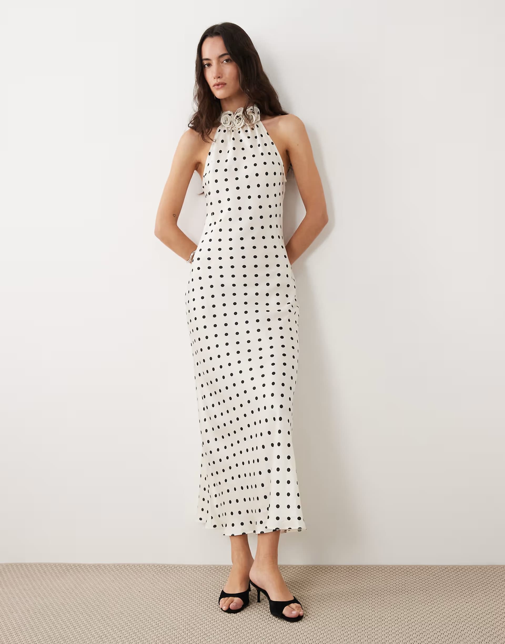 ASOS New Look corsage halterneck satin midi slip dress in cream polka dot