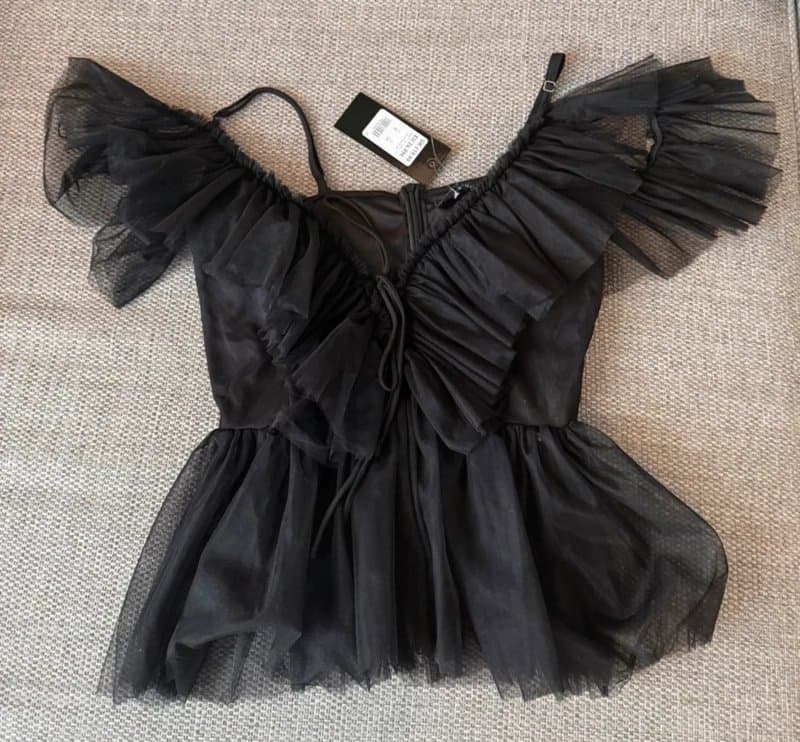New Look Black gothic mesh Tulle Ruffle top - Size 8