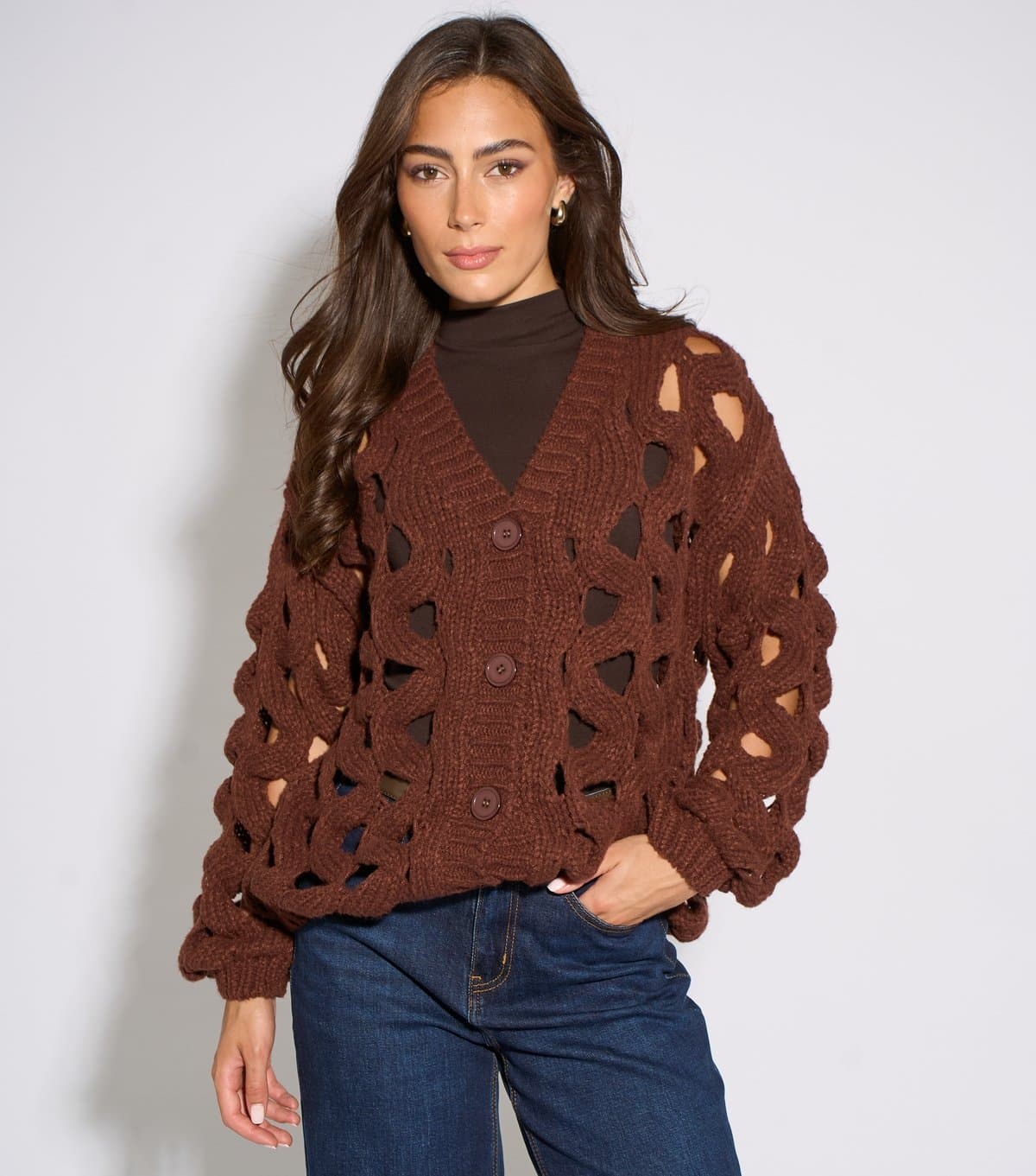 Gini London Gini London Rust Chunky Open Knit V-Neck Cardigan