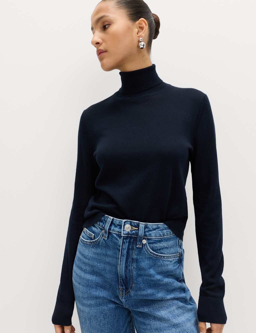 Marks & Spencer M&S Pure Merino Wool Roll Neck Jumper Midnight Navy