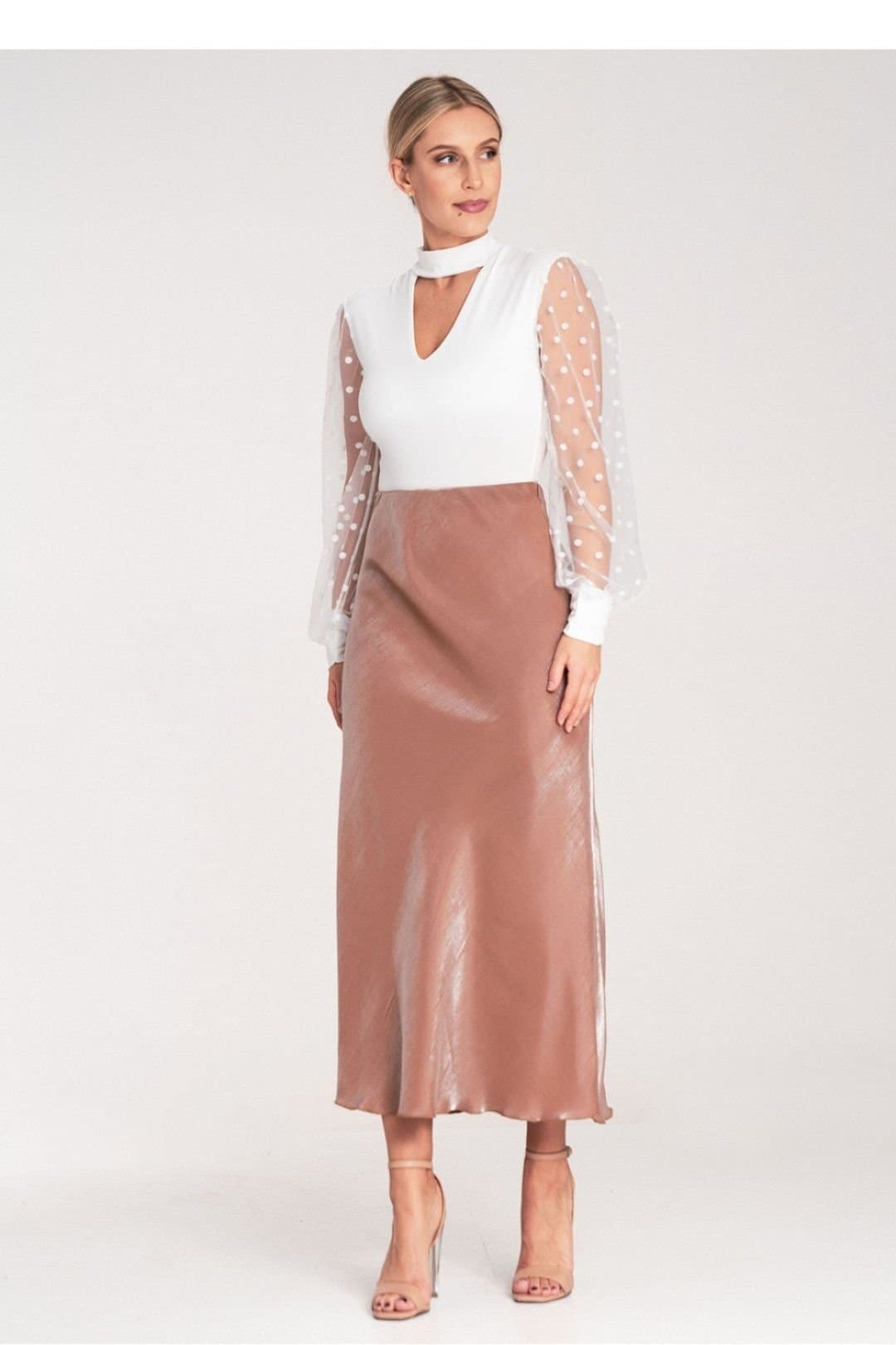 Love Lace Love Lace Women's Satin Midi Skirt with Elastic Waistband Style 214937 in Beige