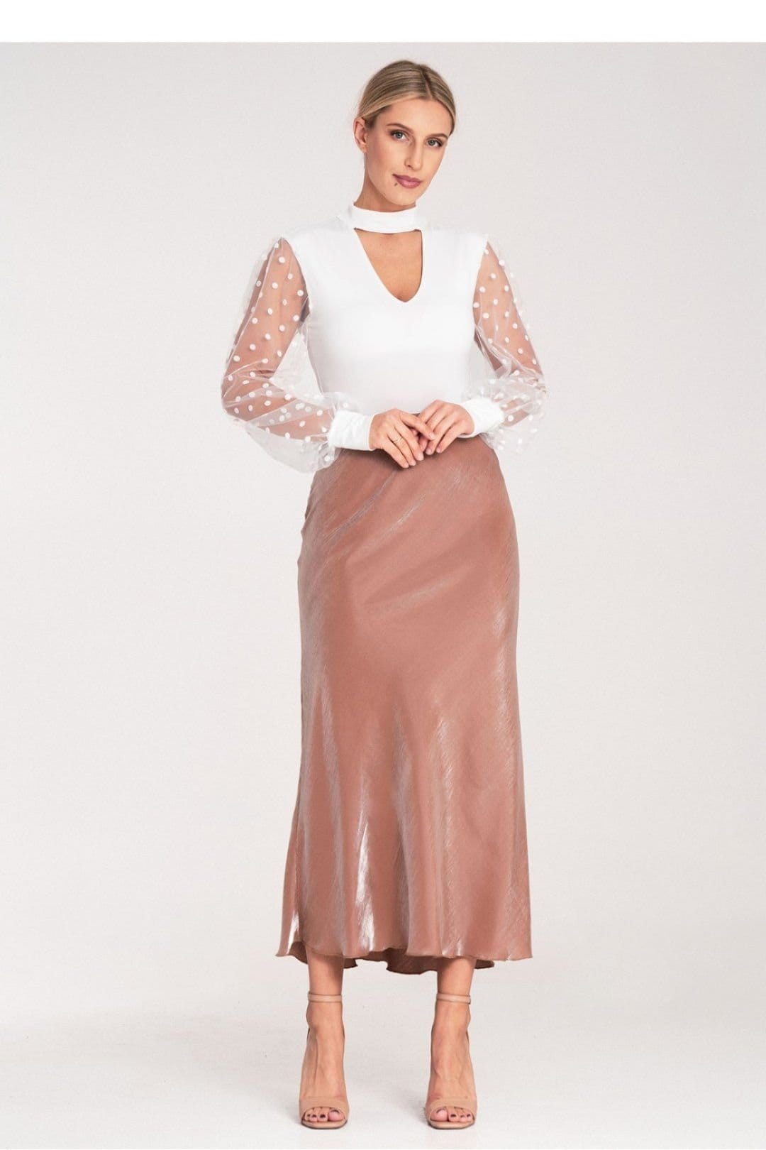 Love Lace Love Lace Women's Satin Midi Skirt with Elastic Waistband Style 214937 in Beige - 4
