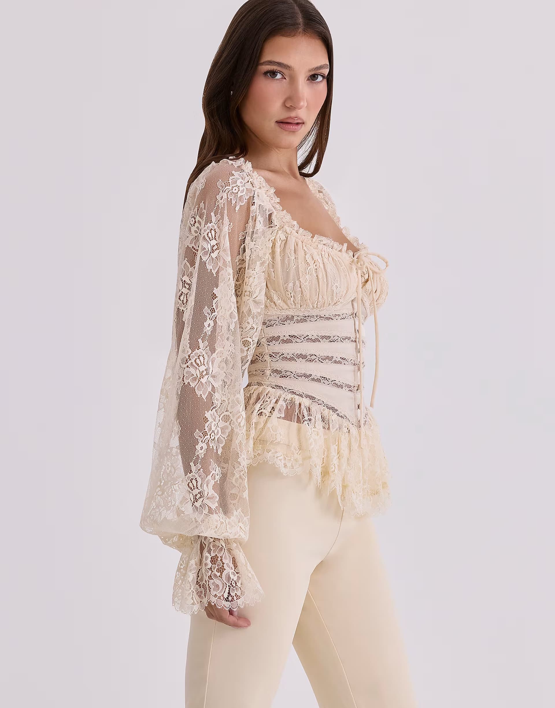 ASOS House of CB Cara vintage ivory long sleeve lace peplum top in vintage ivory