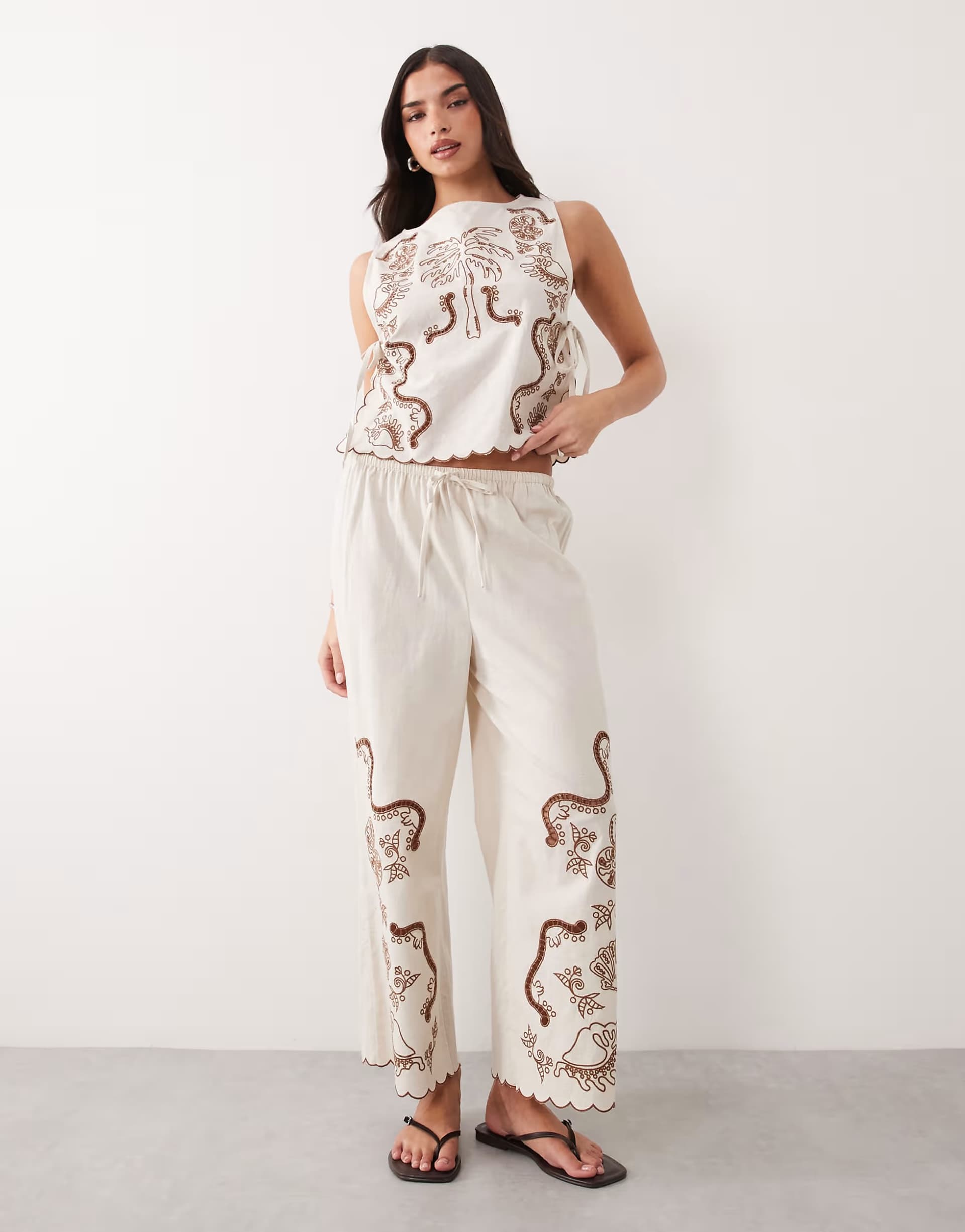 ASOS ASOS DESIGN Angie Palm beach tropical embroidered crop trouser in stone