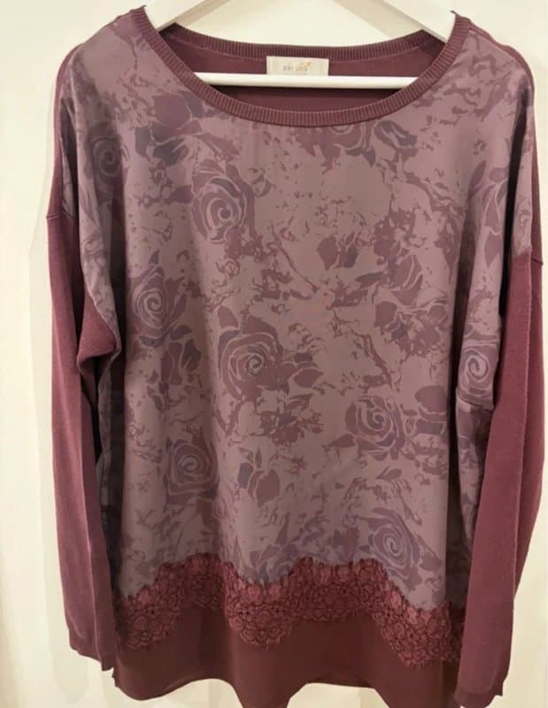 Per Una M&S Per Una Plum Floral Lace Hem Long Sleeve Top UK 14 Sheer Blouse Tunic
