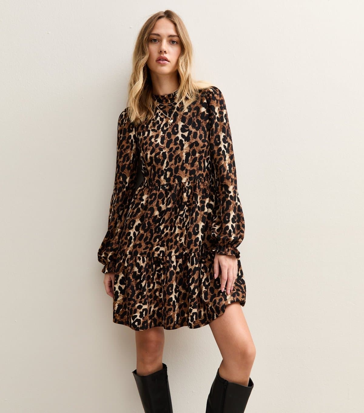 New Look Women's Brown Crinkled Leopard Print Smock Mini Dress New Look