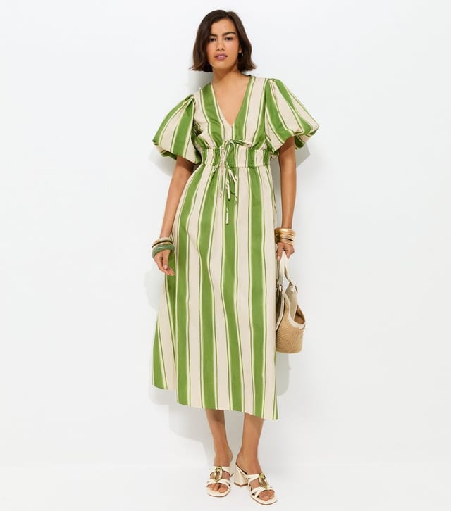 New Look Women's Green Striped Puff Sleeve Midi Dress New Look - 2