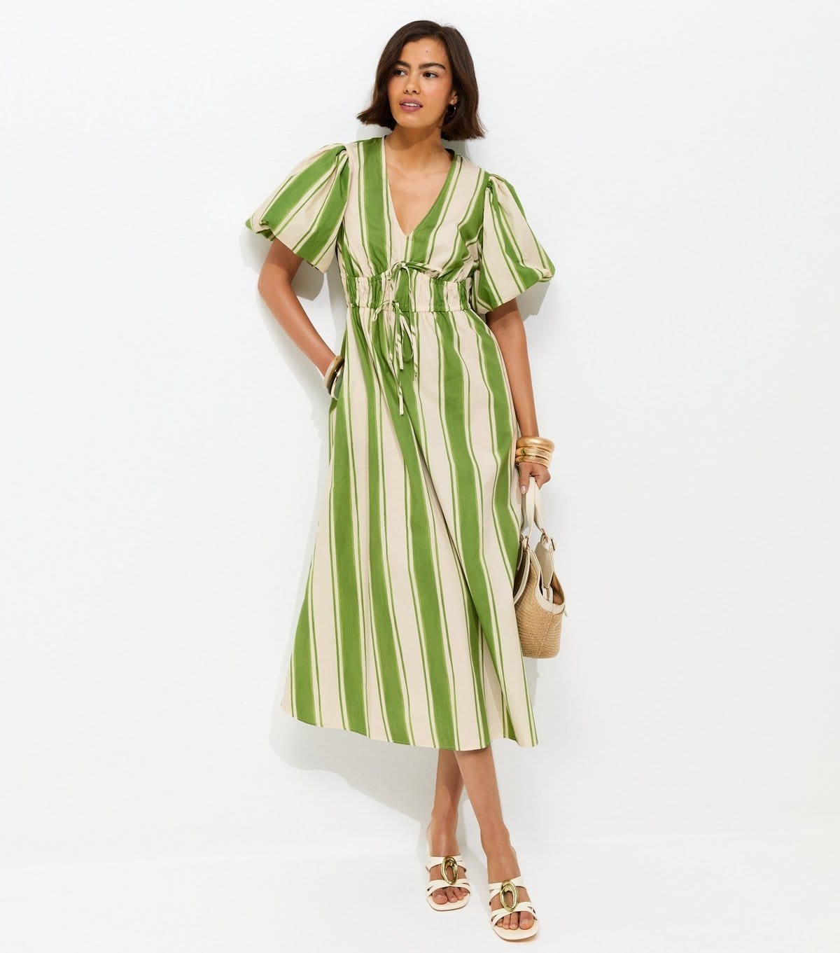 New Look Women's Green Striped Puff Sleeve Midi Dress New Look - 4