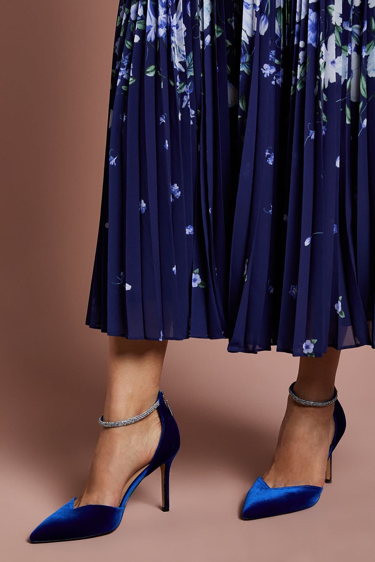 Coast Coast Women's Sicily Velvet Diamante Ankle Strap Pointed Court Shoes in Blue