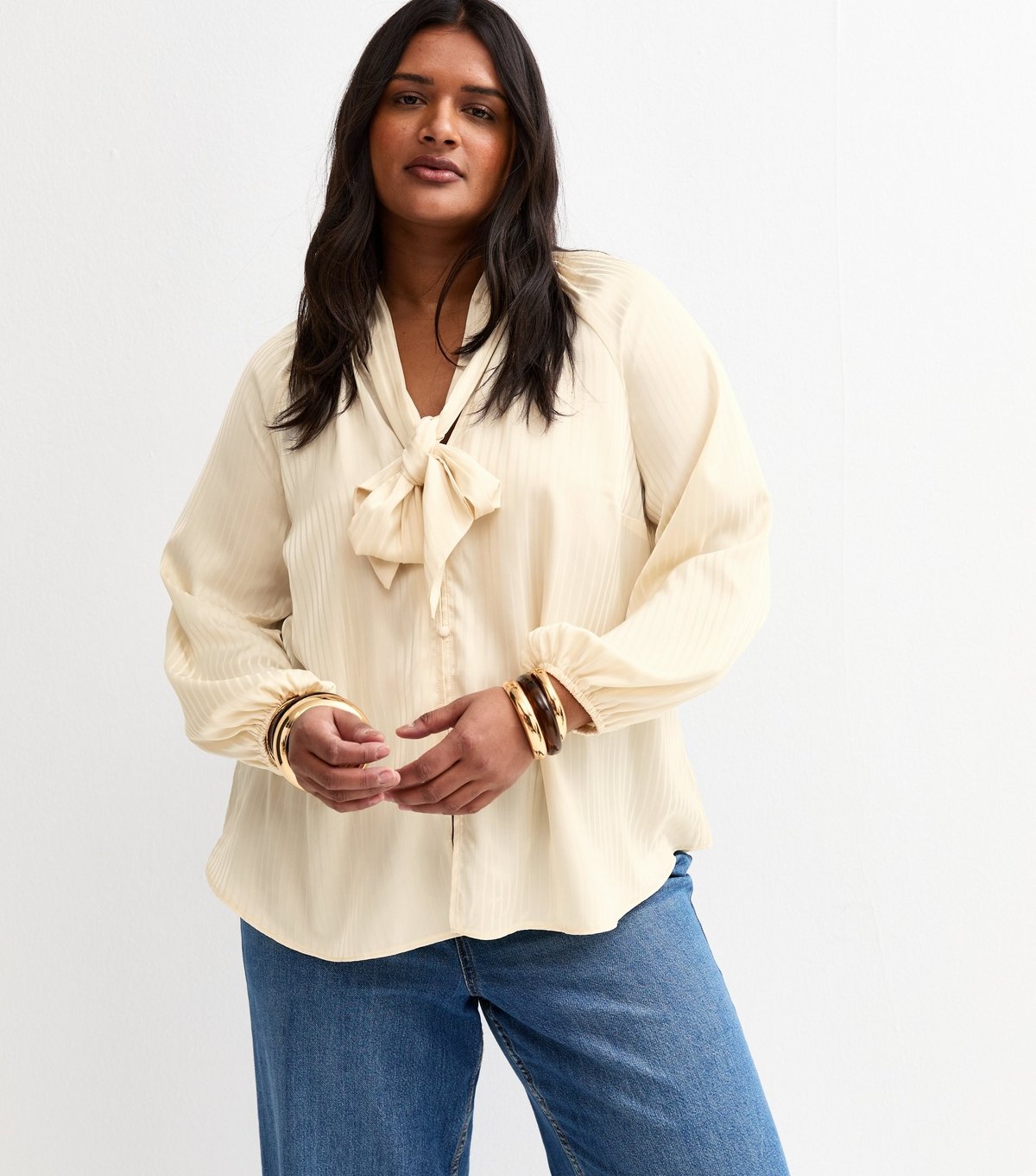 New Look Women's Plus Size Cream Satin Stripe Pussybow Shirt Curves New Look - 2