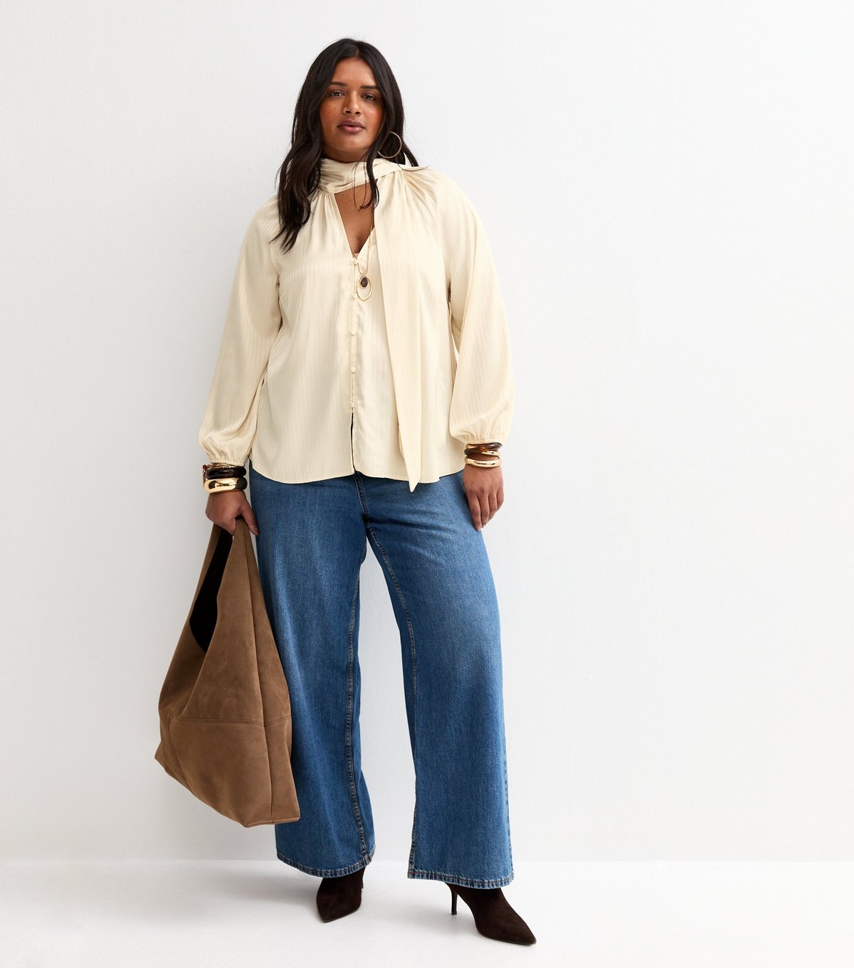 New Look Women's Plus Size Cream Satin Stripe Pussybow Shirt Curves New Look - 3