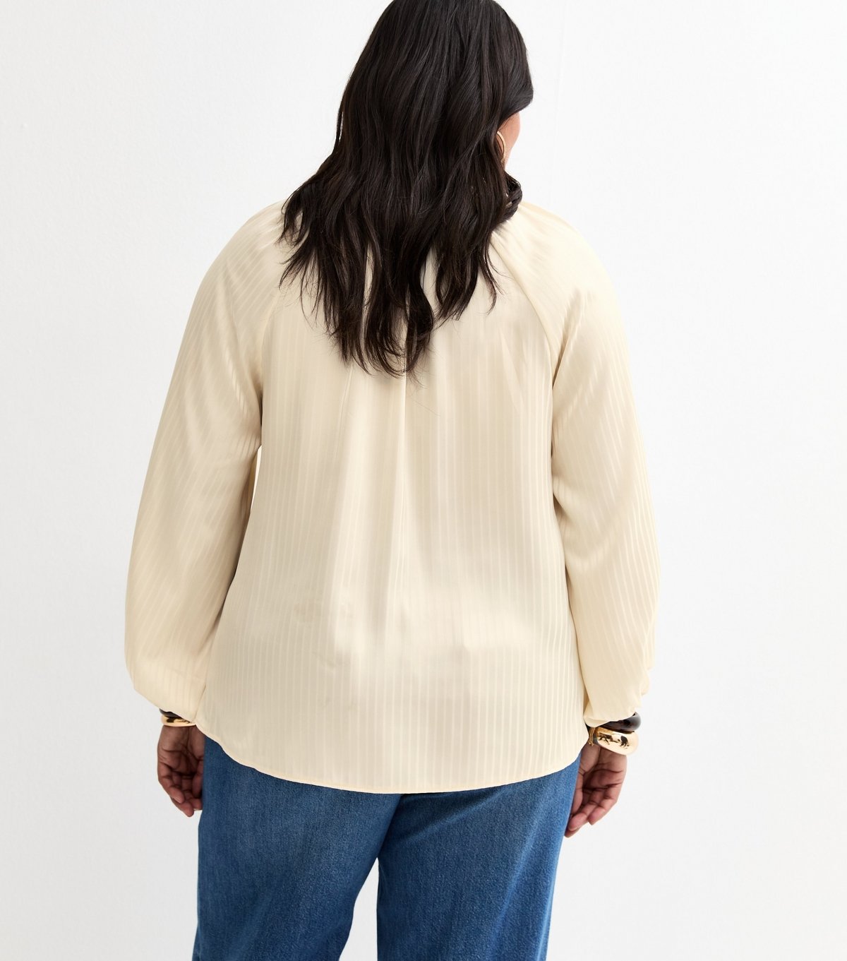 New Look Women's Plus Size Cream Satin Stripe Pussybow Shirt Curves New Look - 4