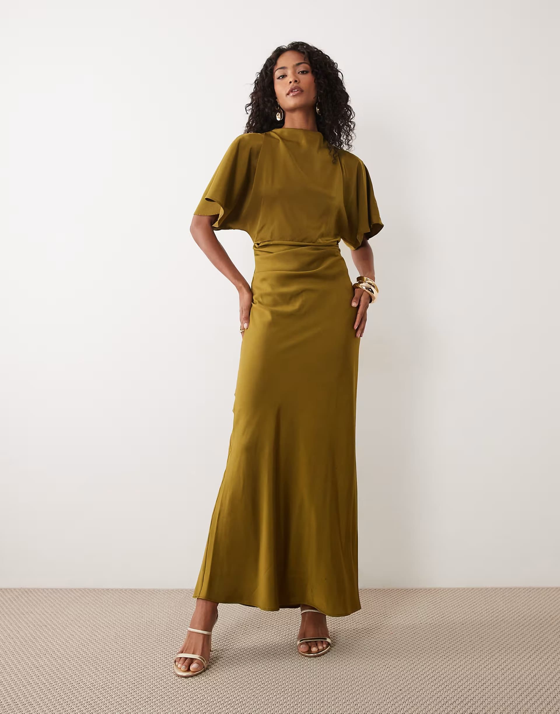 ASOS ASOS DESIGN satin high neck blouson maxi dress with flutter sleeve in dark khaki