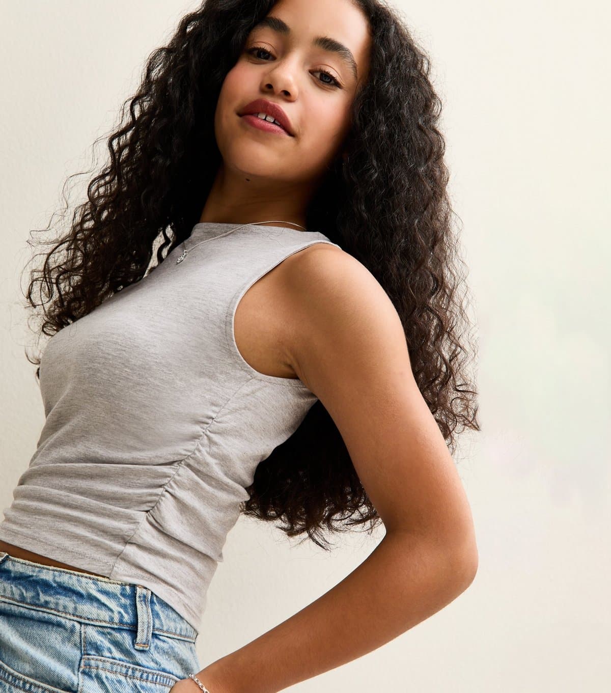 New Look Girls' Mid Grey Cotton Ruched Slash Neck Vest New Look