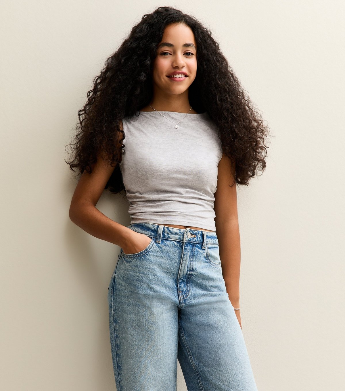 New Look Girls' Mid Grey Cotton Ruched Slash Neck Vest New Look - 2