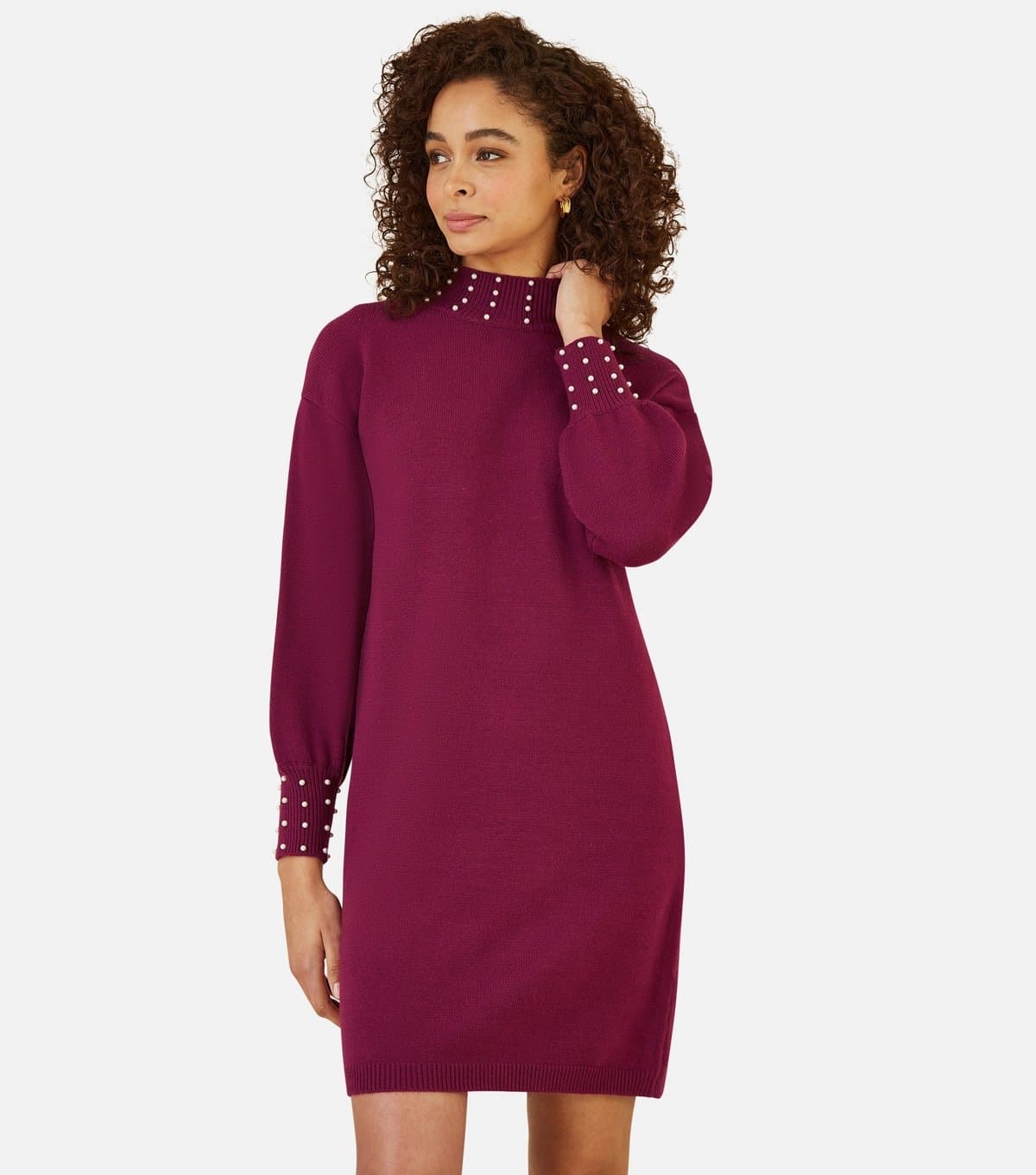 Yumi Women's Burgundy Faux Pearl Necklace Knit Dress Yumi New Look