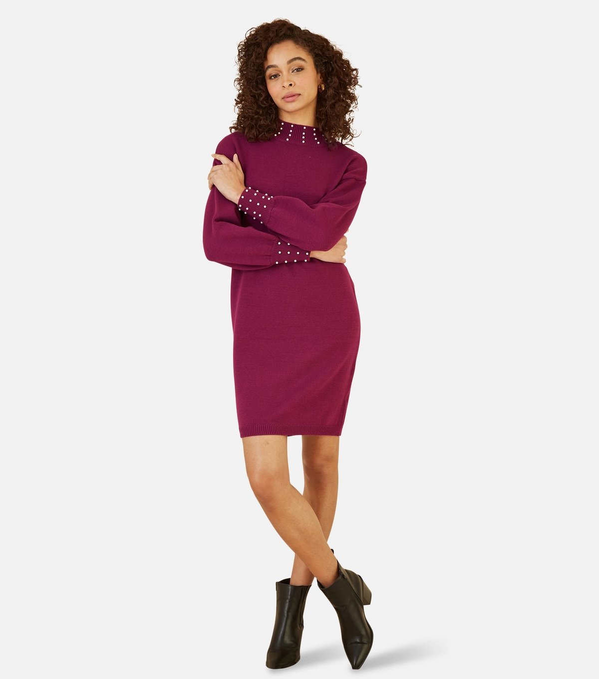 Yumi Women's Burgundy Faux Pearl Necklace Knit Dress Yumi New Look - 2