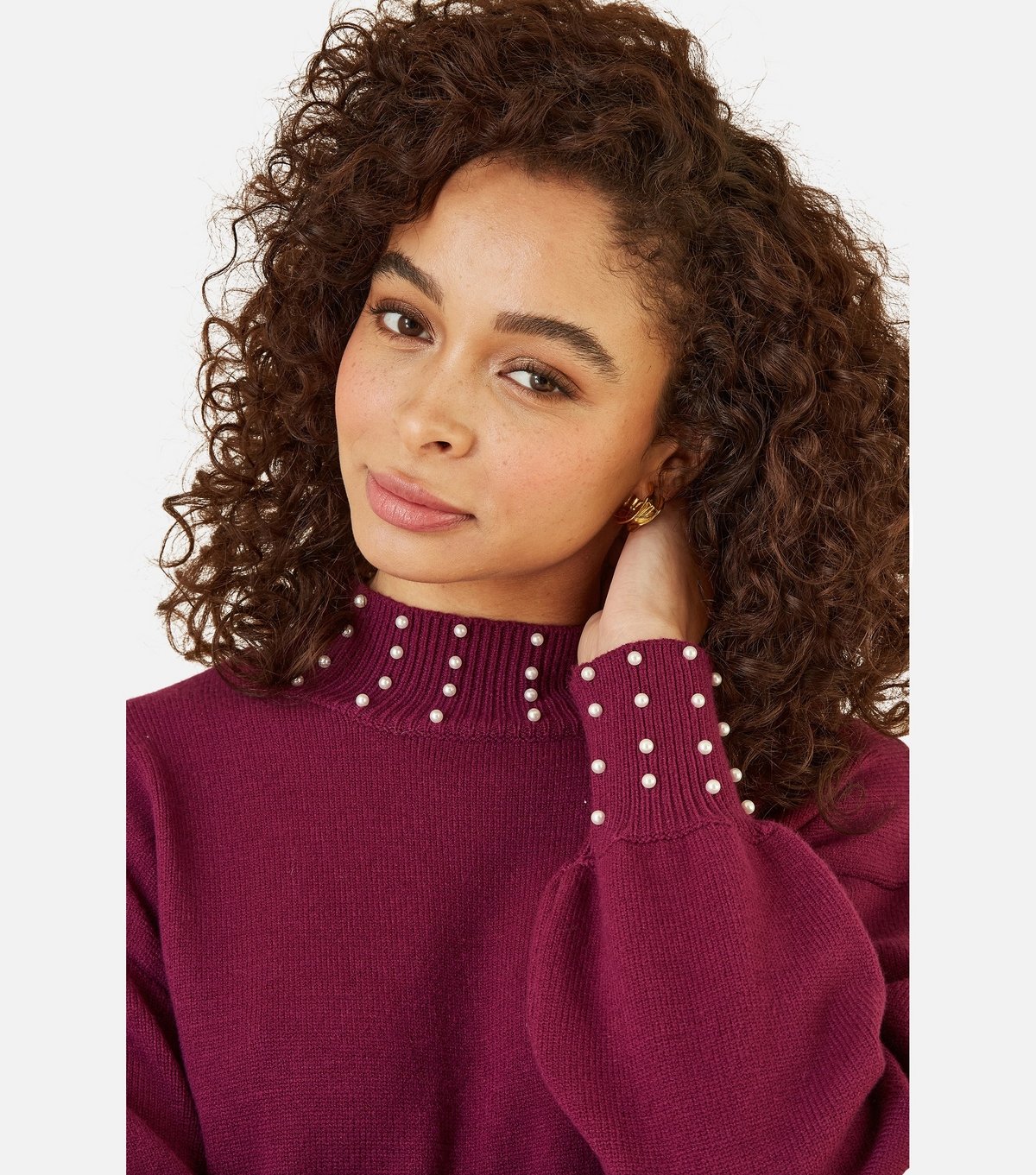 Yumi Women's Burgundy Faux Pearl Necklace Knit Dress Yumi New Look - 3