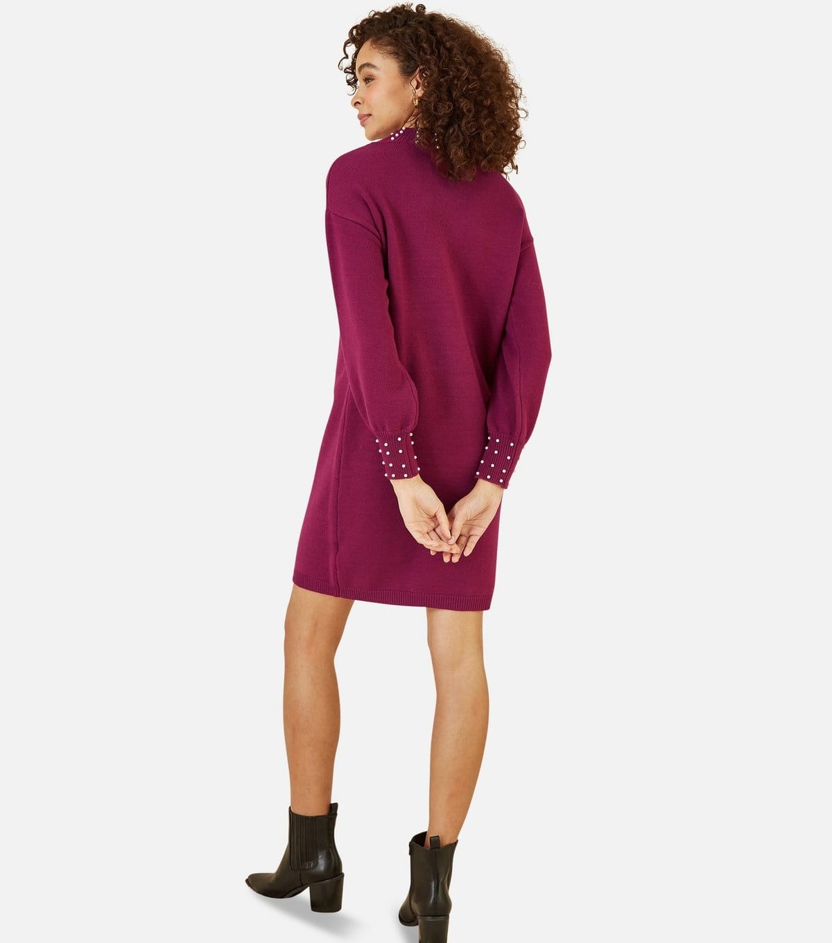 Yumi Women's Burgundy Faux Pearl Necklace Knit Dress Yumi New Look - 4