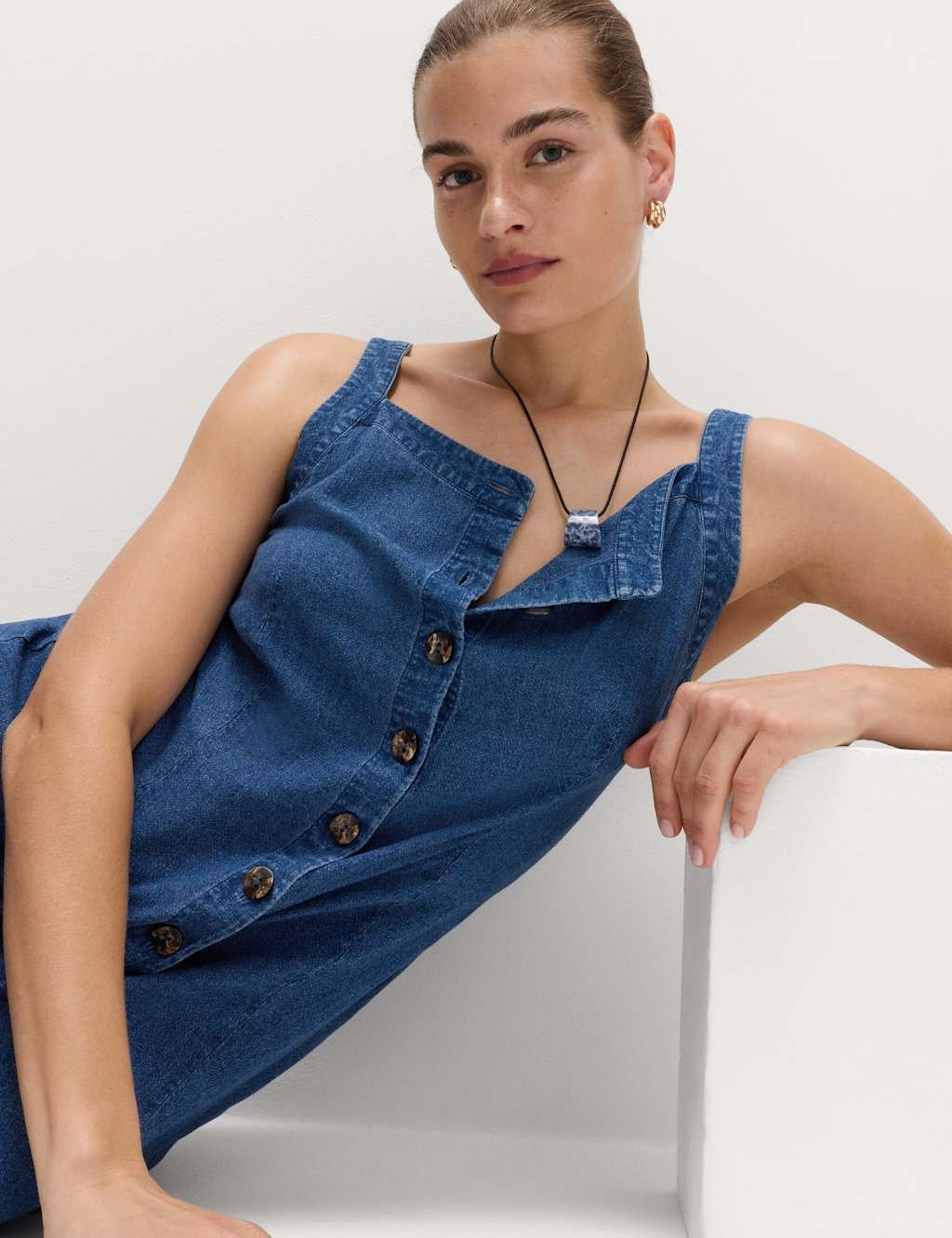 Marks & Spencer M&S Linen Rich Square Neck Button Through Mini Shift Dress Indigo - 3