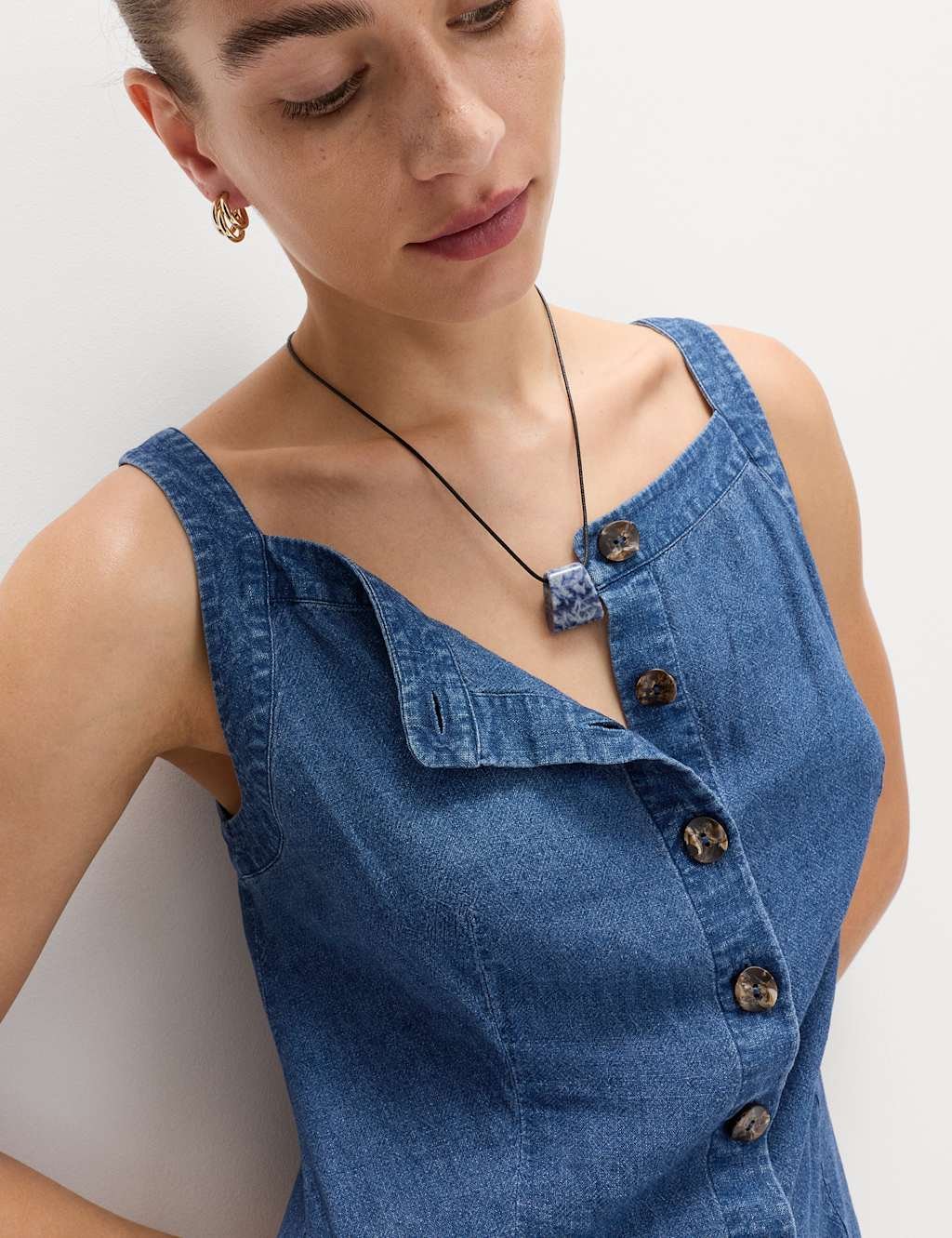 Marks & Spencer M&S Linen Rich Square Neck Button Through Mini Shift Dress Indigo - 4