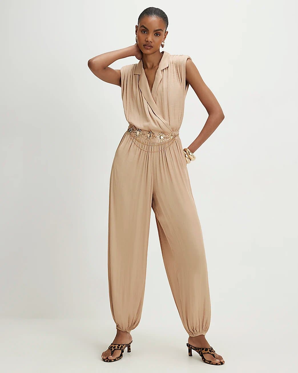 River Island River Island Womens Beige Satin Shoulder Pad Balloon Leg Jumpsuit
