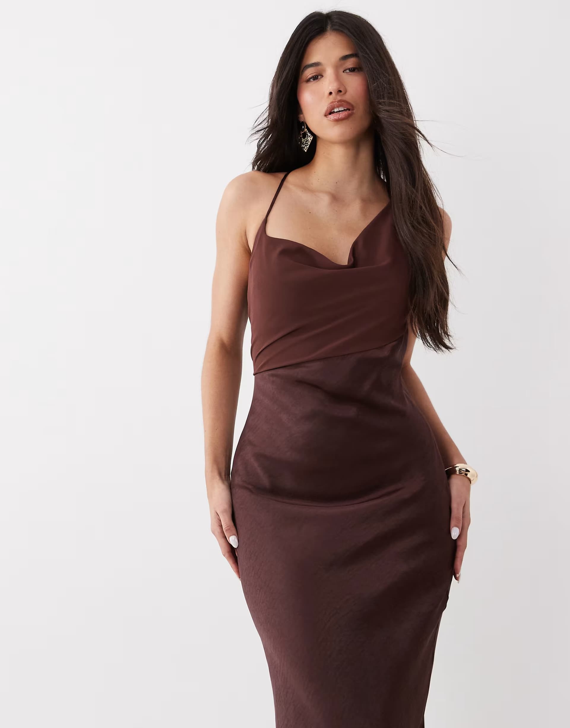 ASOS 4th & Reckless chiffon cowl neck cross back cami satin maxi dress in chocolate