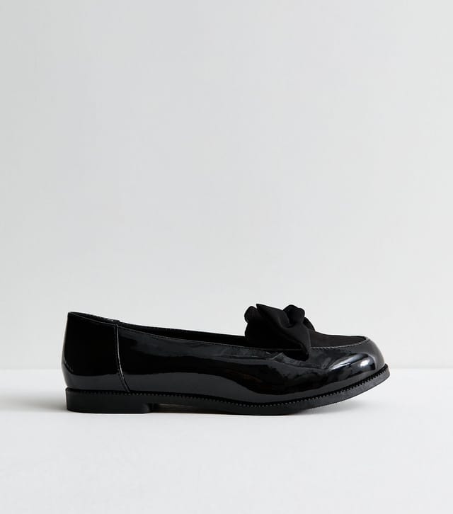 New Look Women's Extra Wide Fit Black Patent Faux Leather Bow Front Loafers Vegan New Look - 3