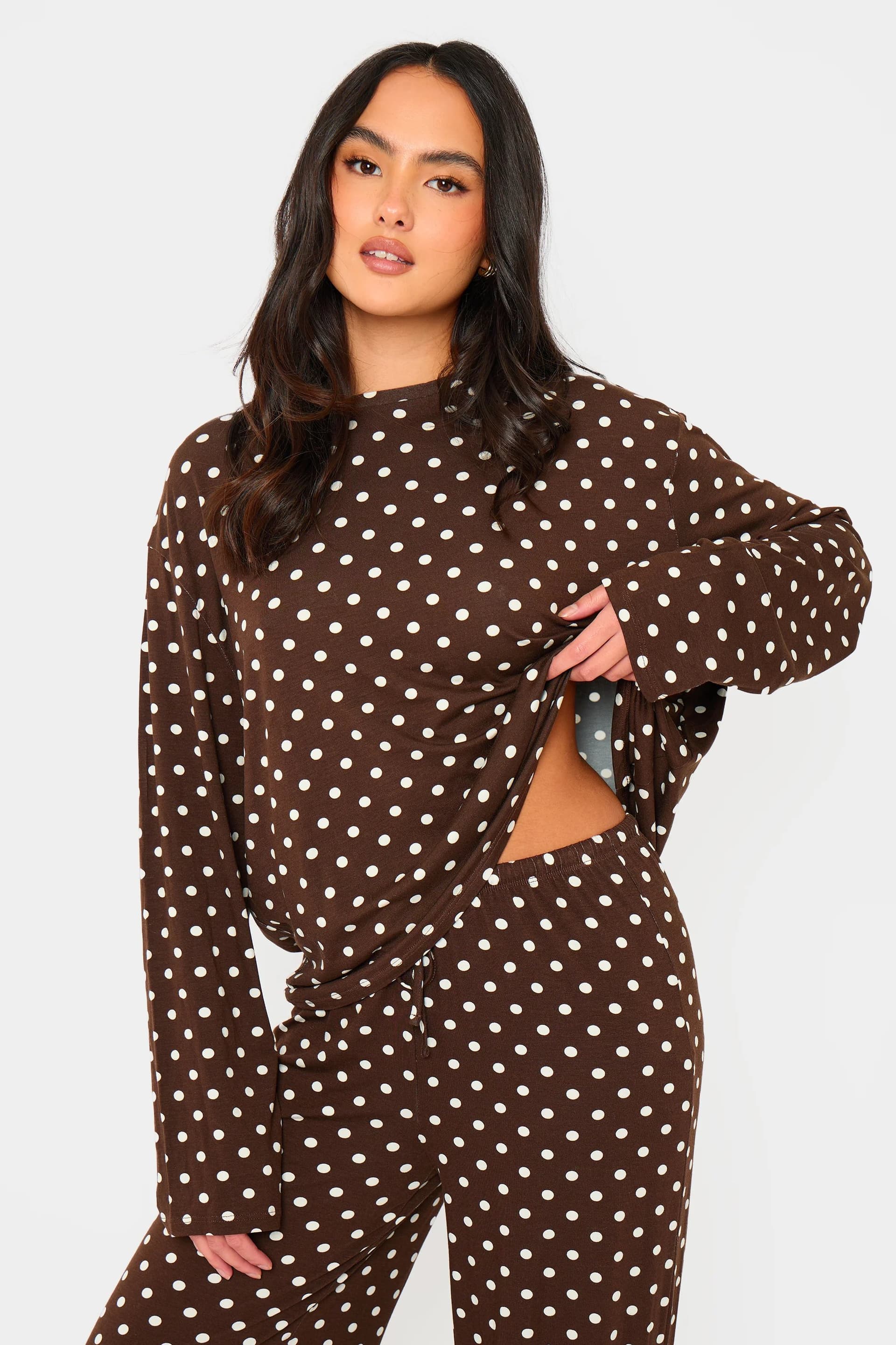 Kaiia Kaiia Brown & Cream Polka Dot Oversized Long Sleeve T-shirt