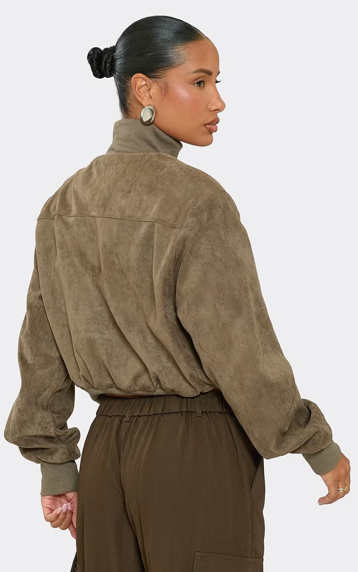 EGO Long Sleeve Contrast Ribbed Collar Detail Bomber Jacket In Khaki Faux Suede, Women's Size UK 6