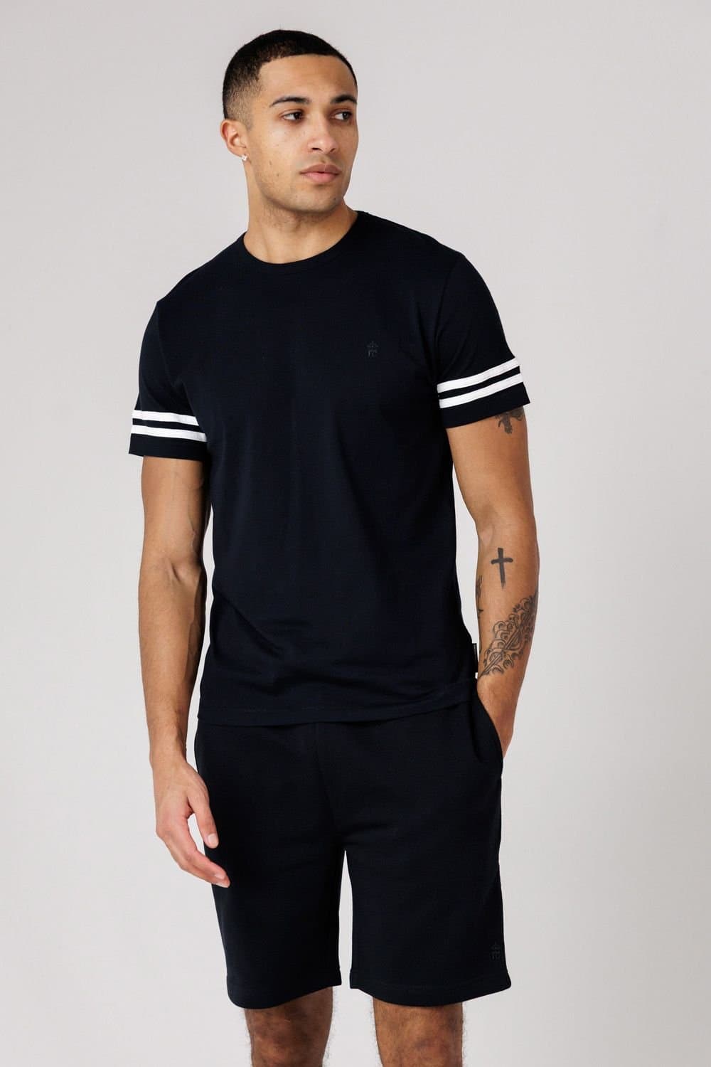 French Connection French Connection Men's Cotton Stripe T-Shirt & Shorts Co Ord Set in Navy