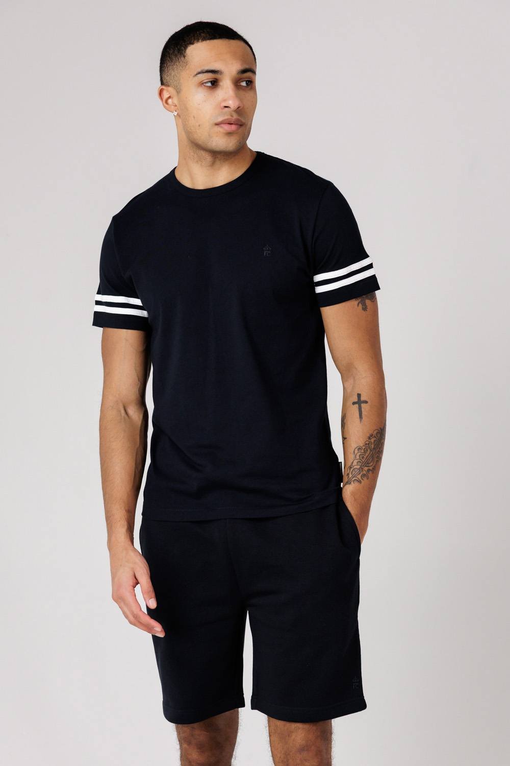 French Connection French Connection Men's Cotton Stripe T-Shirt & Shorts Co Ord Set in Navy - 2