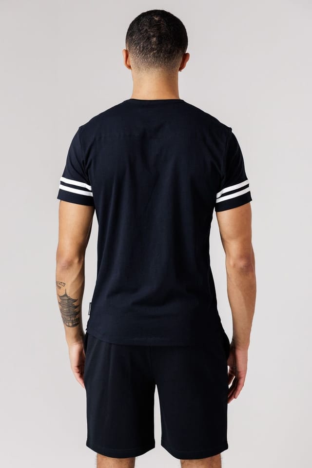 French Connection French Connection Men's Cotton Stripe T-Shirt & Shorts Co Ord Set in Navy - 2