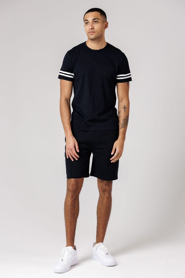 French Connection French Connection Men's Cotton Stripe T-Shirt & Shorts Co Ord Set in Navy - 3