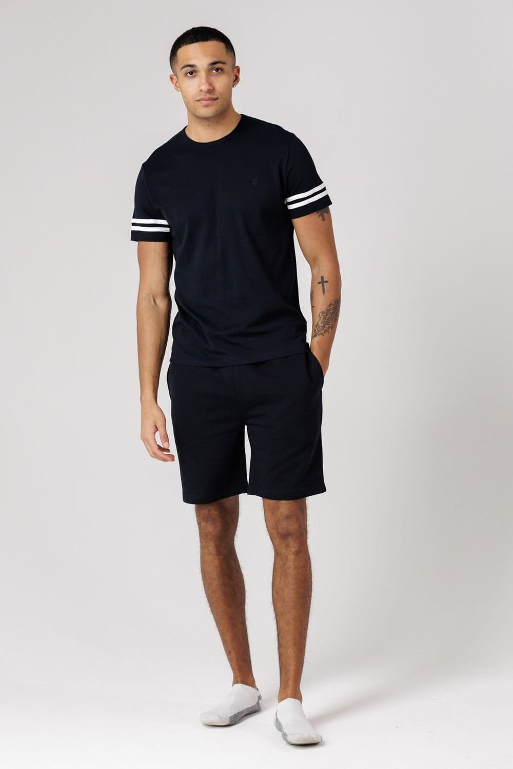 French Connection French Connection Men's Cotton Stripe T-Shirt & Shorts Co Ord Set in Navy - 4