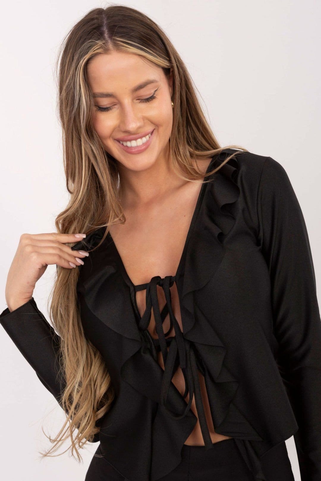 Love Lace Love Lace Women's Elegant Tie Neck Ruffle Blouse in Black - 4