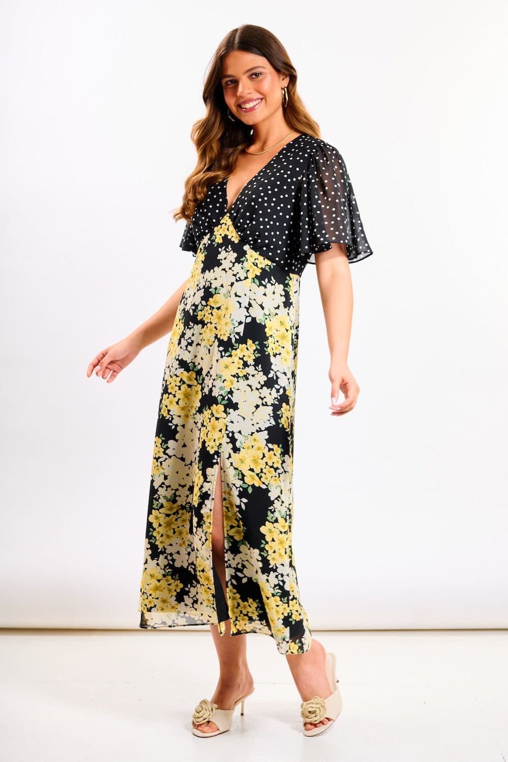 Needs No Label Needs No Label Women's Yellow Floral Flutter Sleeve Midi Dress