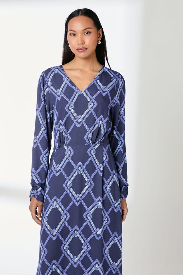 Principles Principles Women's Navy Geo Print V Neck Midi Dress - 2