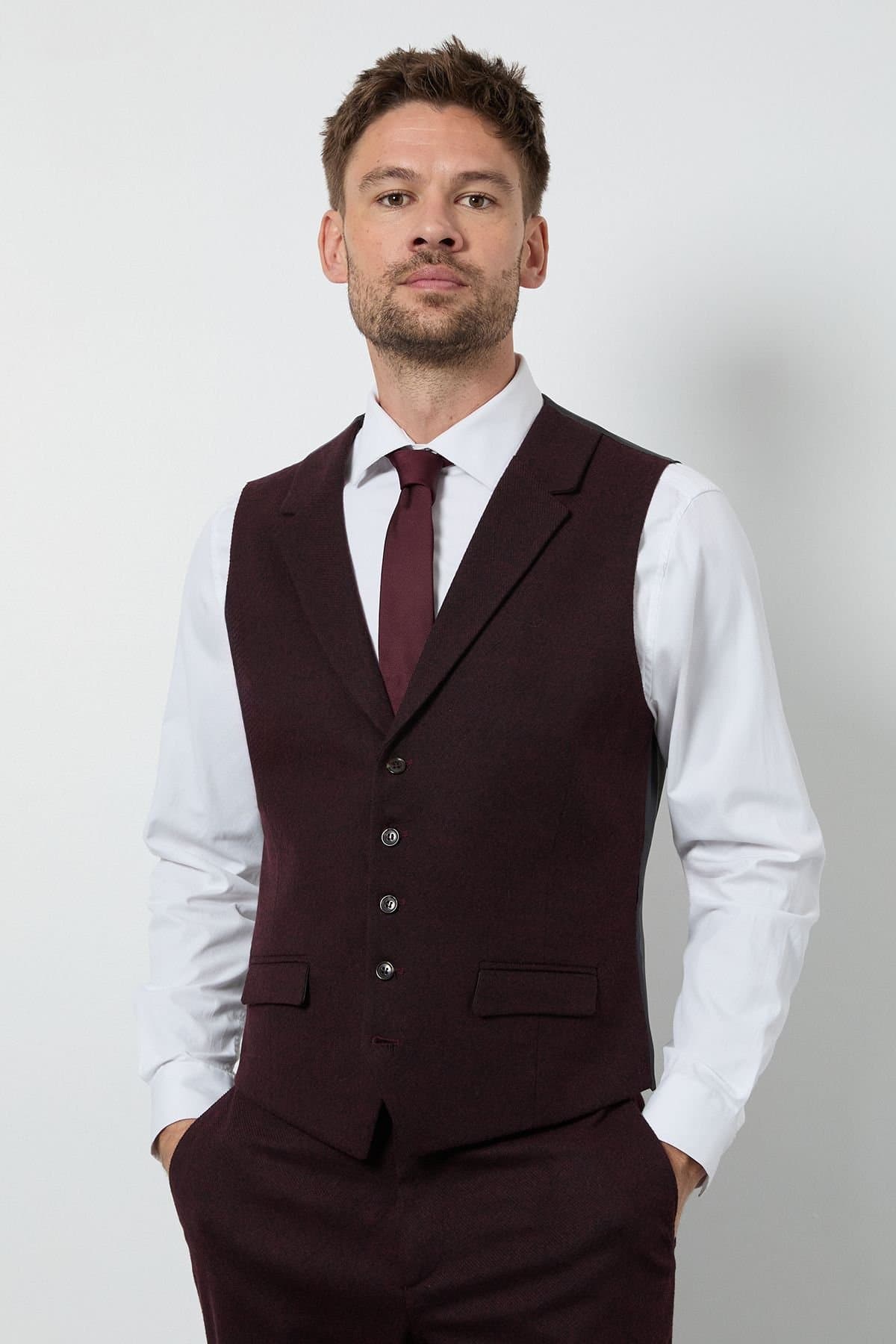 Burton Burton Men's Burgundy Tweed Look Waiscoat