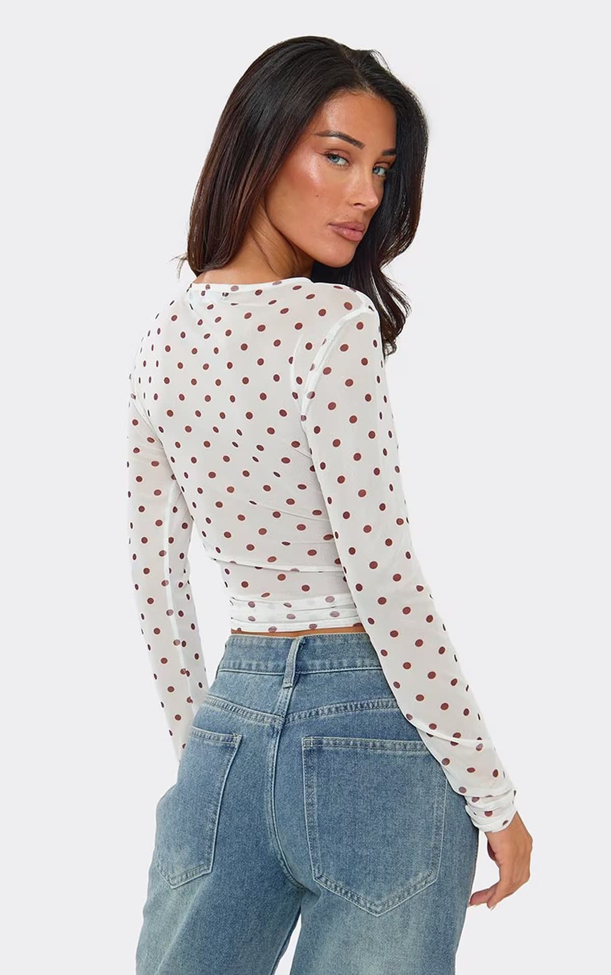 EGO Long Sleeve Top In White Polka Dot Mesh., Women's Size UK 6