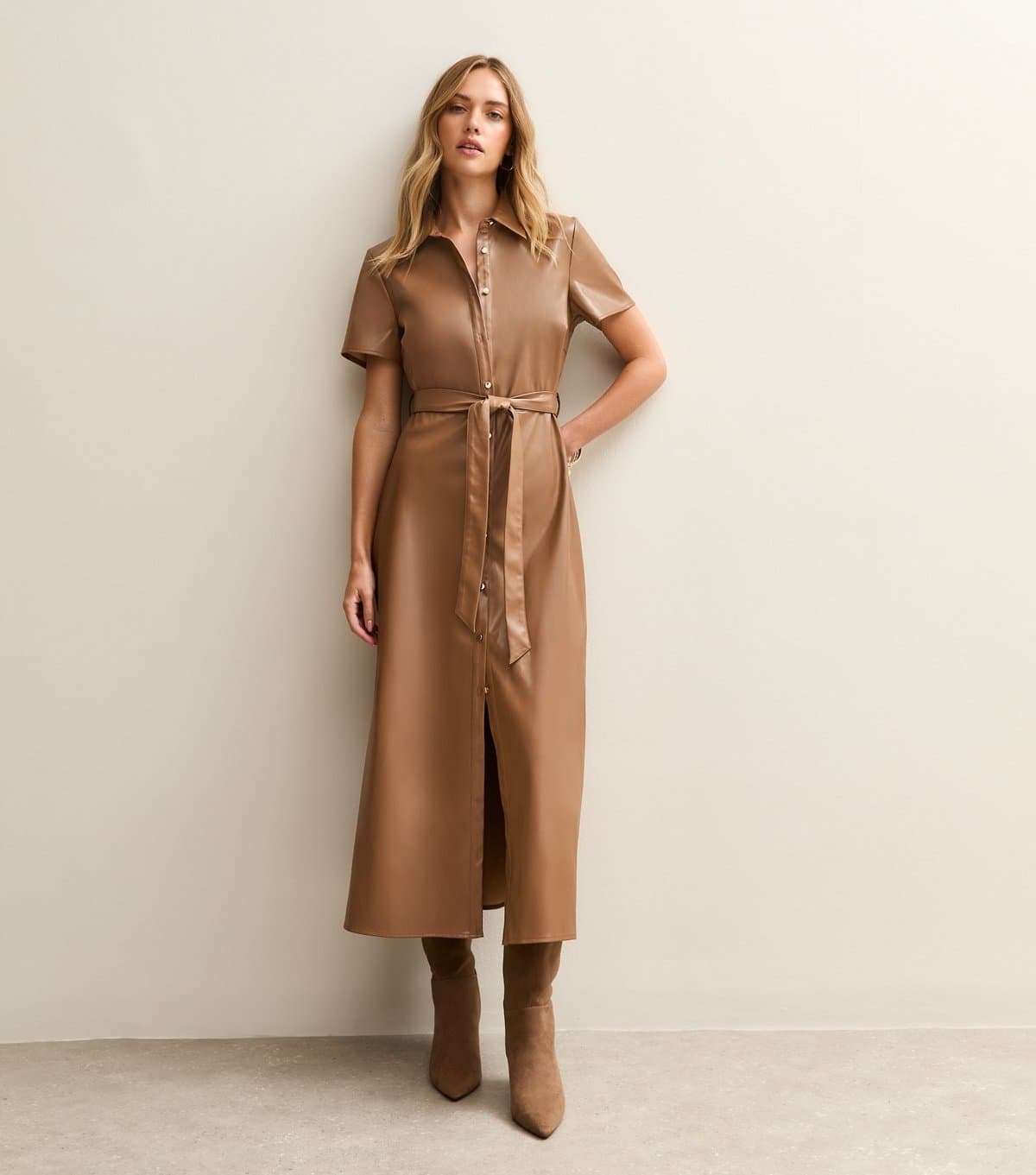 New Look Women's Camel Faux Leather Belted Midi Shirt Dress New Look