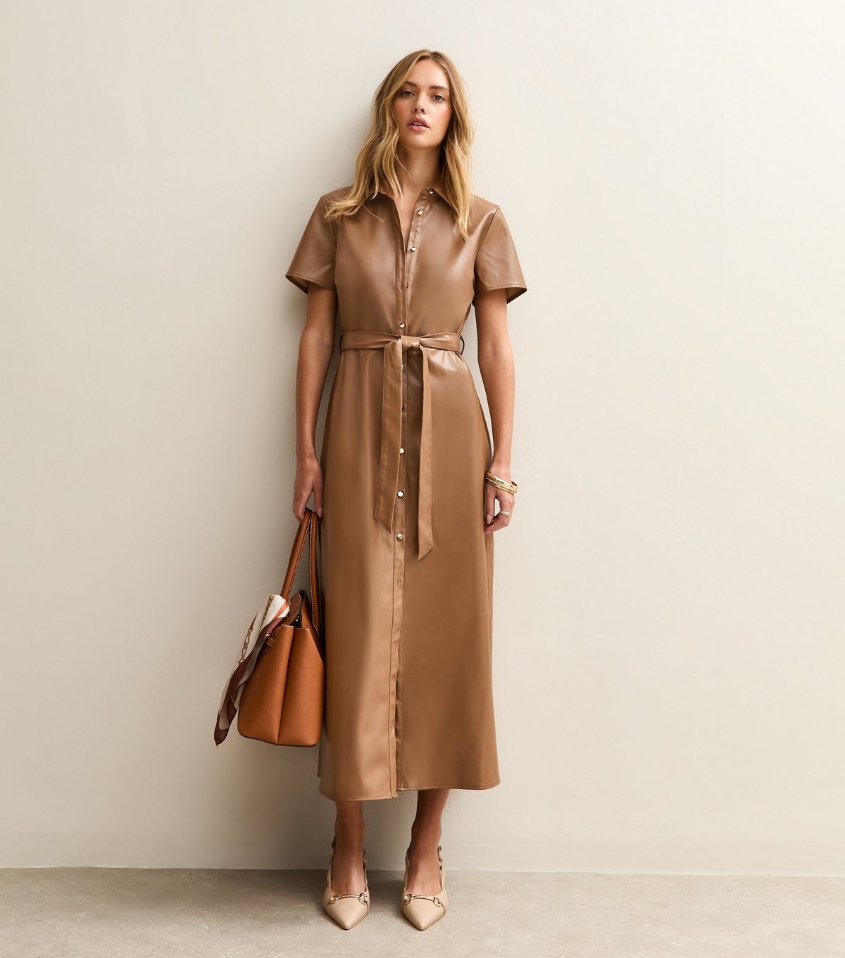 New Look Women's Camel Faux Leather Belted Midi Shirt Dress New Look - 3