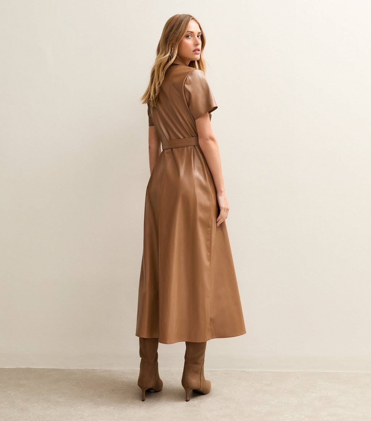 New Look Women's Camel Faux Leather Belted Midi Shirt Dress New Look - 4