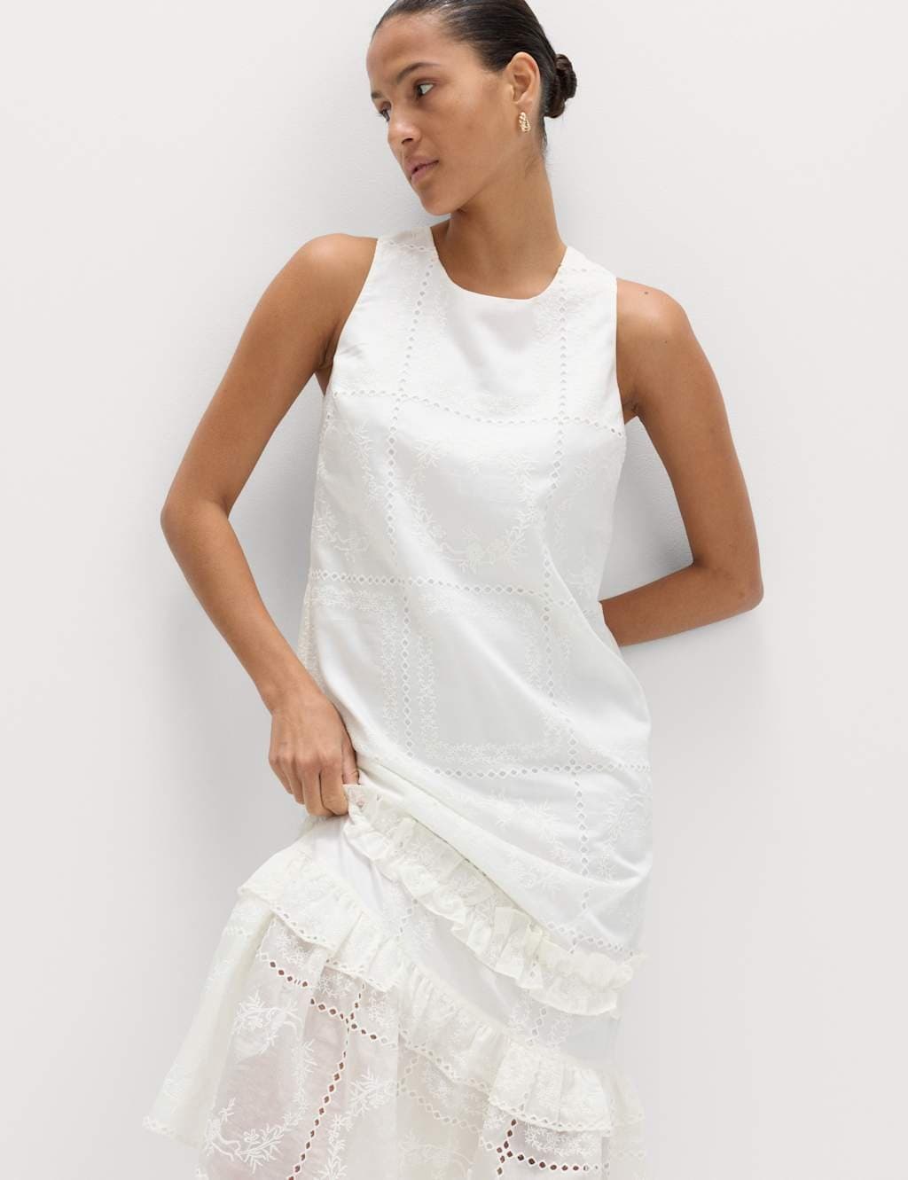 Marks & Spencer M&S Lyocell Rich Broderie Midi Tiered Dress Ivory