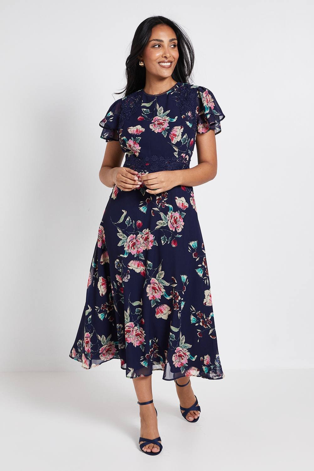 Wallis Wallis Women's Petite Floral Lace Ruffle Sleeve Midi Dress in Navy - 2