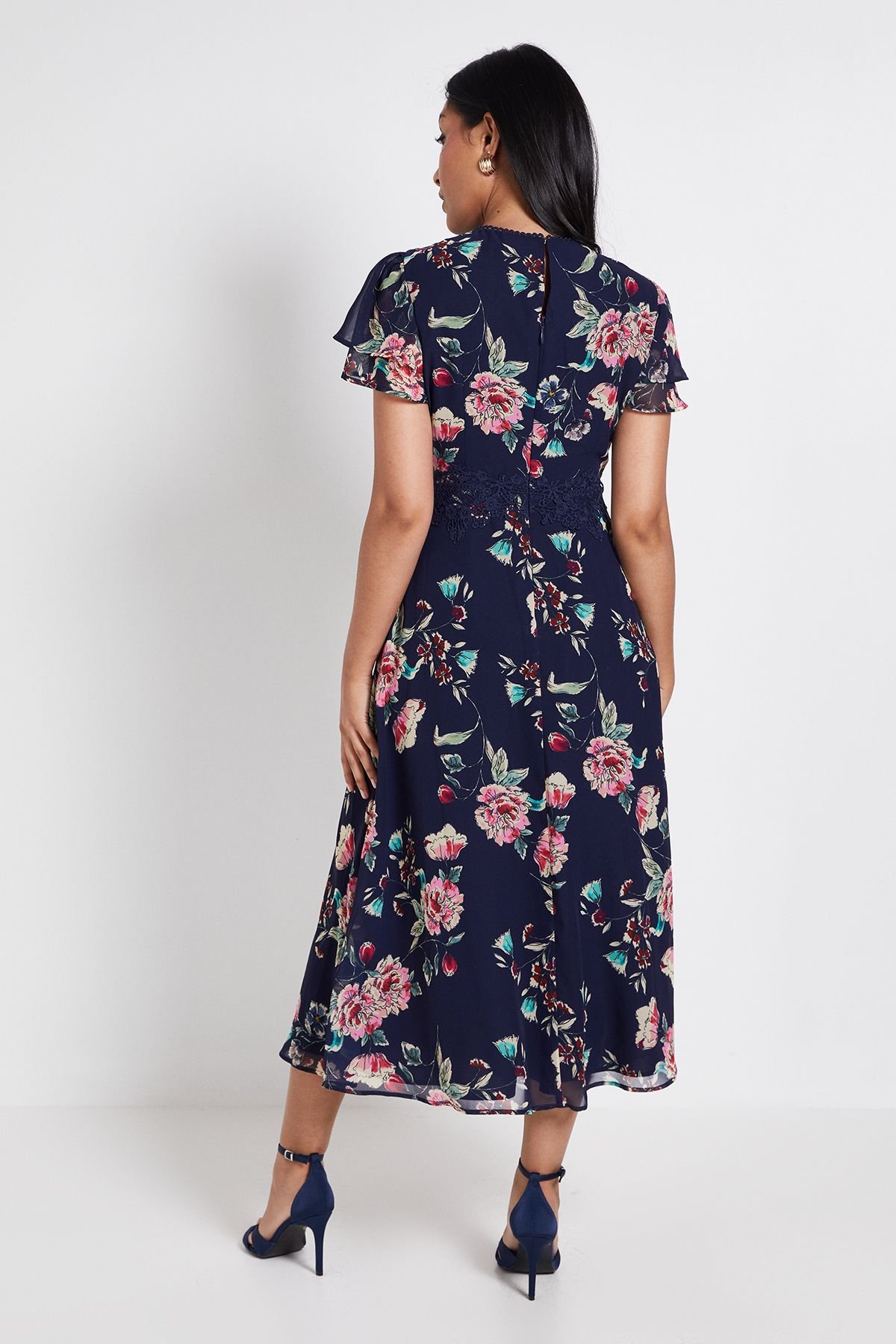 Wallis Wallis Women's Petite Floral Lace Ruffle Sleeve Midi Dress in Navy - 3