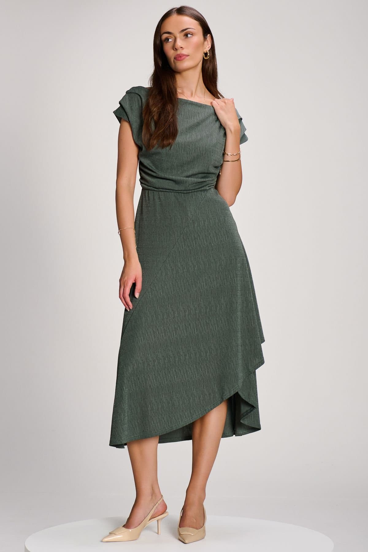 Jolie Moi Jolie Moi Women's Asymmmetric Draped Midi Dress in Khaki