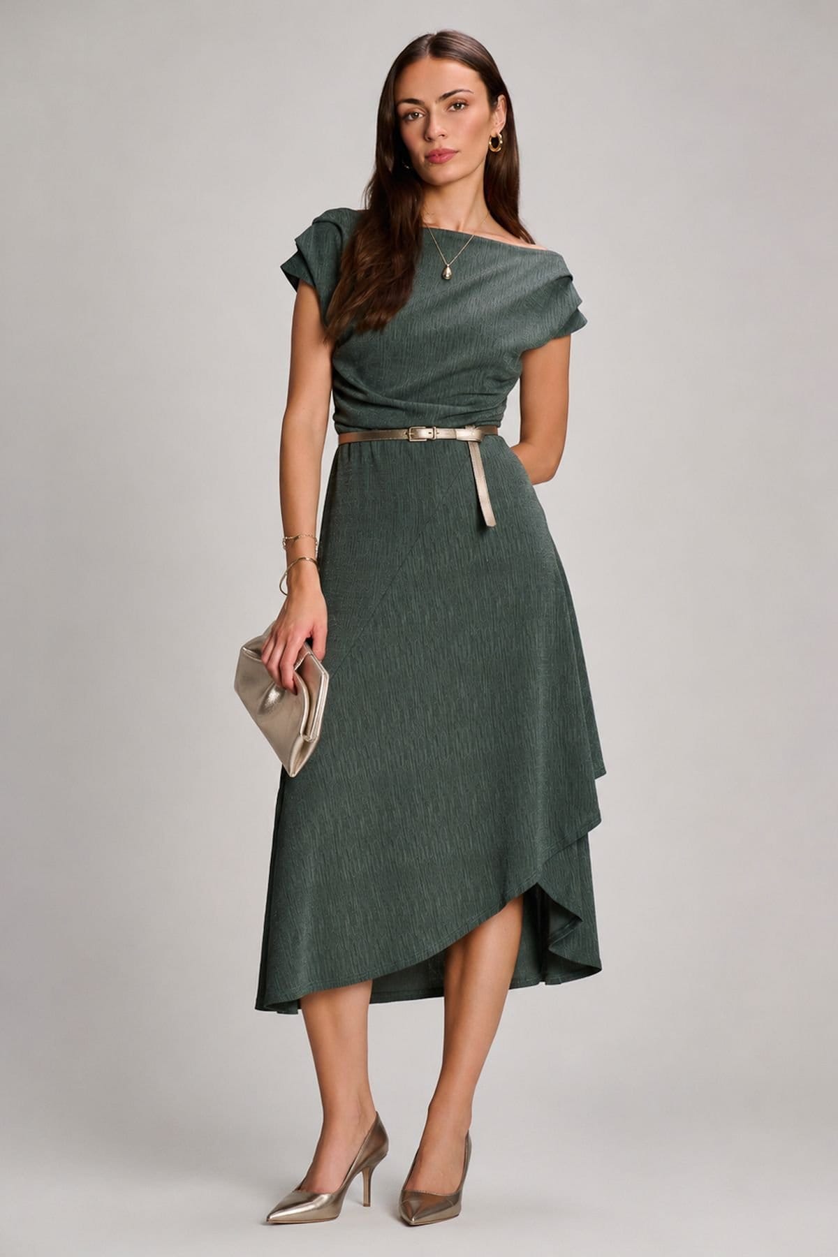 Jolie Moi Jolie Moi Women's Asymmmetric Draped Midi Dress in Khaki - 4