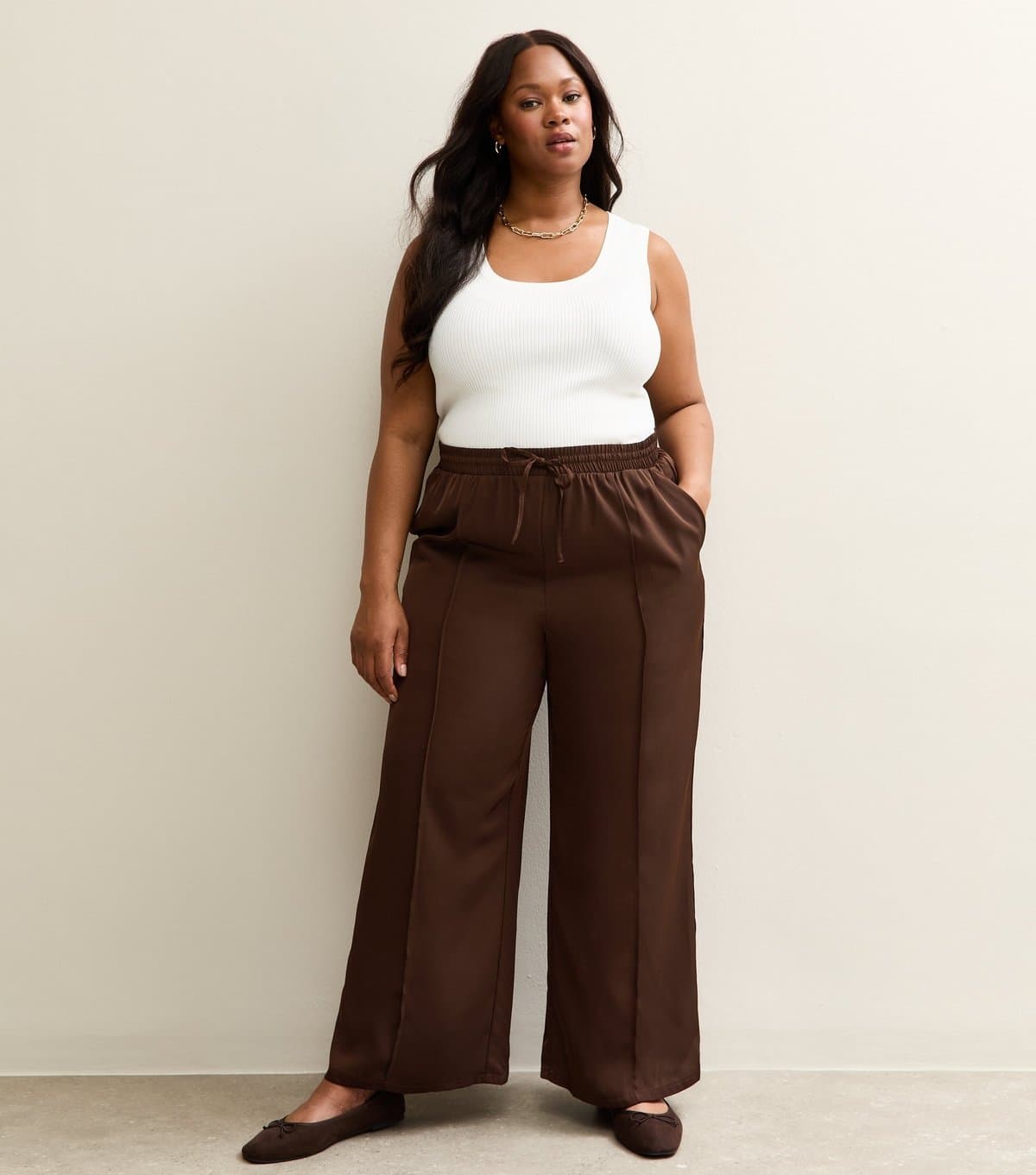 New Look New Look Brown Satin Wide Leg Trousers Plus Size